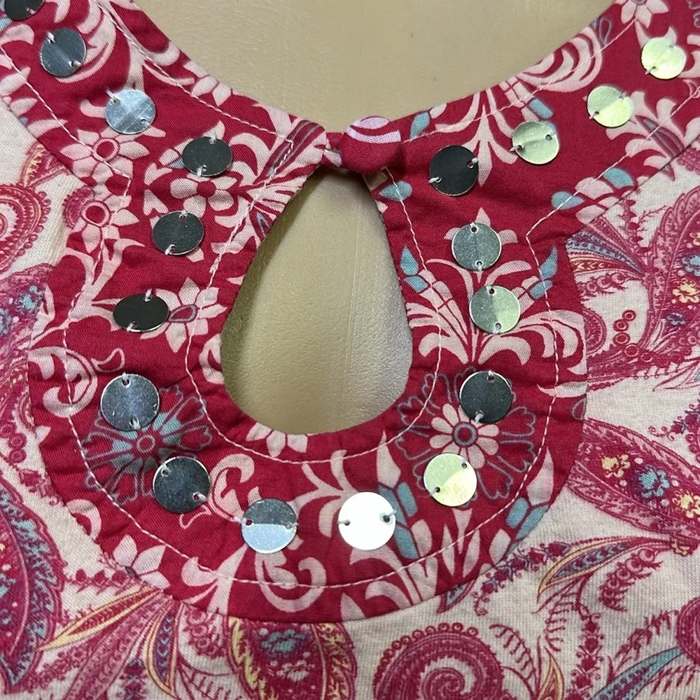 One World Cotton Paisley Print Sleeveless Embellished Tunic Top Blouse Womens S